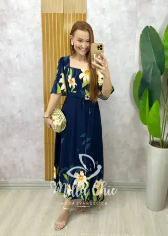 Vestido Lírio  em viscosarja - Azul marinho estampado - Milla Chic