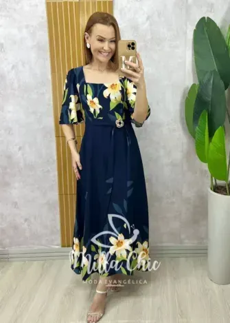 Vestido Lírio  em viscosarja - Azul marinho estampado - Milla Chic