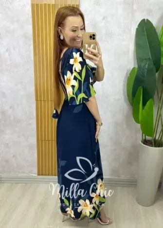 Vestido Lírio  em viscosarja - Azul marinho estampado - Milla Chic