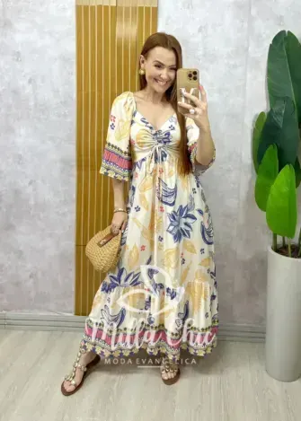Vestido Catarina em viscosarja - Off write estampado - Milla Chic