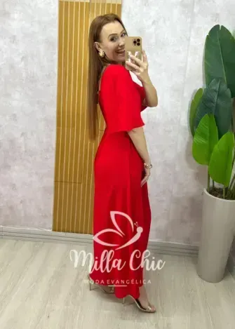 Vestido Gaby em Rayon Devorê - Vermelho - Milla Chic