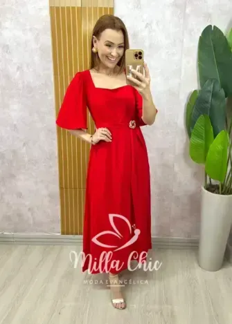 Vestido Gaby em Rayon Devorê - Vermelho - Milla Chic
