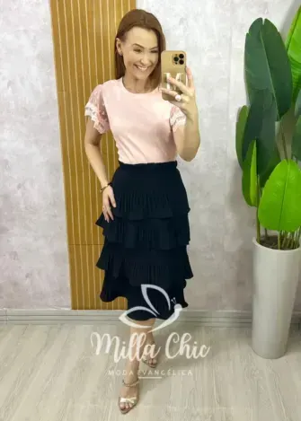 Blusa Dalila Em Malha Manga Em Tule - Rosa - Milla Chic