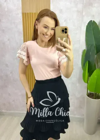 Blusa Dalila Em Malha Manga Em Tule - Rosa - Milla Chic