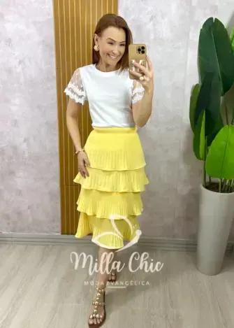Blusa Dalila Em Malha Manga Em Tule - Branca - Milla Chic