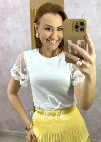 Blusa Dalila Em Malha Manga Em Tule - Branca - Milla Chic