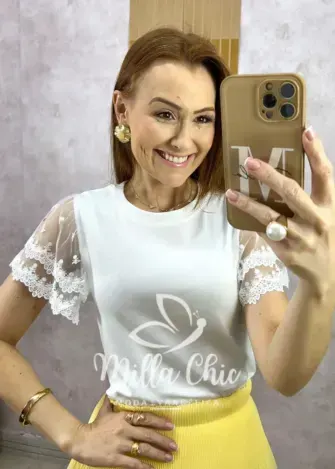 Blusa Dalila Em Malha Manga Em Tule - Branca - Milla Chic