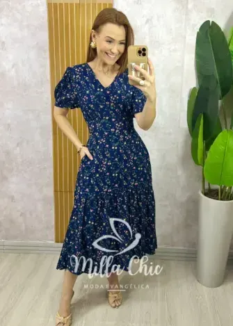 Vestido Lilian Em Viscolinho - Azul - Milla Chic