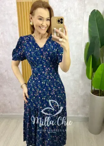 Vestido Lilian Em Viscolinho - Azul - Milla Chic