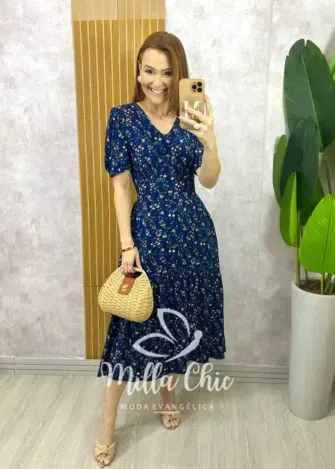 Vestido Lilian Em Viscolinho - Azul - Milla Chic
