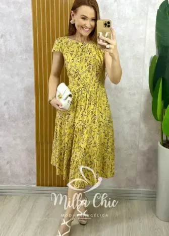 Vestido Filipa em Viscolinho - Amarelo - Milla Chic