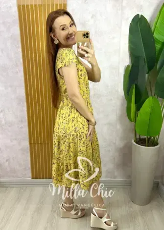 Vestido Filipa em Viscolinho - Amarelo - Milla Chic