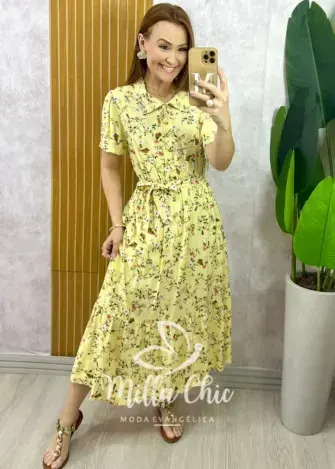 Vestido Anelise Em Viscolinho - Amarelo - Milla Chic