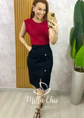 Blusa Pandora Em Malha Com Aplicação - Cereja - Milla Chic