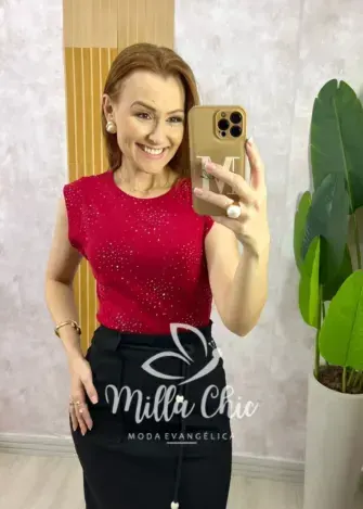 Blusa Pandora Em Malha Com Aplicação - Cereja - Milla Chic