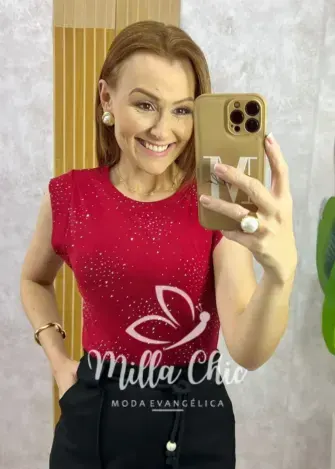 Blusa Pandora Em Malha Com Aplicação - Cereja - Milla Chic