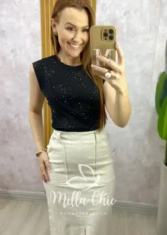 Blusa Pandora Em Malha Com Aplicação - Preta - Milla Chic