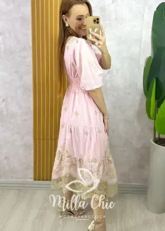 Vestido Lorena Em Lesie Bordado - Rosa - Milla Chic