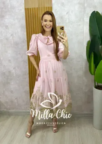 Vestido Lorena Em Lesie Bordado - Rosa - Milla Chic