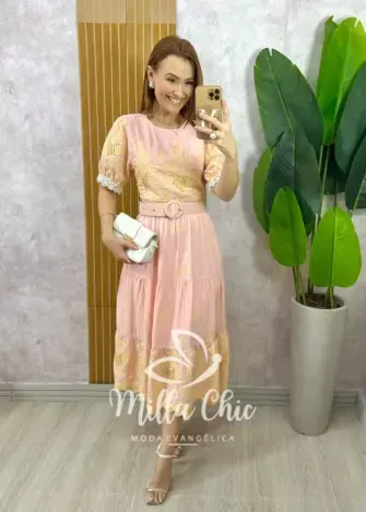 Vestido Guilhermina em Lesie Bordada - Rosa Pó - Milla Chic