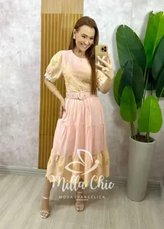 Vestido Guilhermina em Lesie Bordada - Rosa Pó - Milla Chic