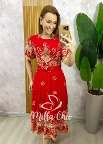 Vestido Guilhermina em Lesie Bordada - Vermelho - Milla Chic