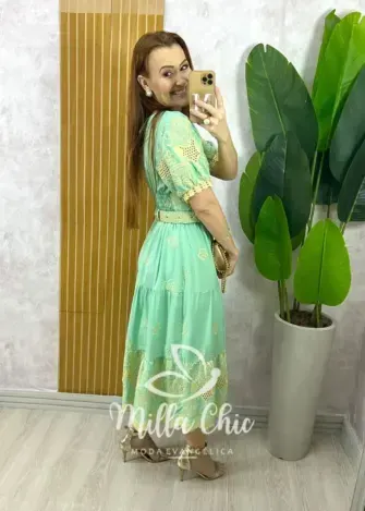 Vestido Guilhermina em Lesie Bordada - Verde Acqua - Milla Chic