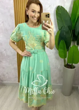 Vestido Guilhermina em Lesie Bordada - Verde Acqua - Milla Chic