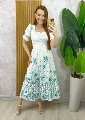 Vestido Jasmine em Tricoline Algodão - Azul Acqua - Milla Chic