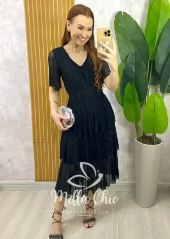 Vestido Longo Magda em Tule com Lurex - Preto - Milla Chic