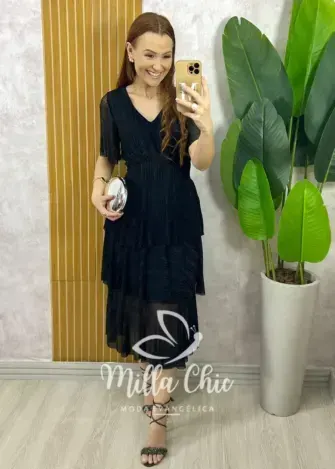Vestido Longo Magda em Tule com Lurex - Preto - Milla Chic