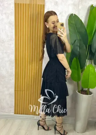 Vestido Longo Magda em Tule com Lurex - Preto - Milla Chic