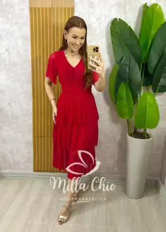 Vestido Longo Magda em Tule com Lurex - Vermelho - Milla Chic