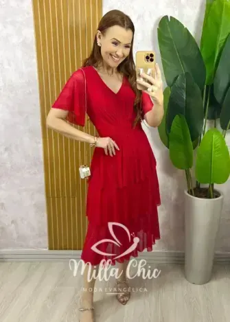 Vestido Longo Magda em Tule com Lurex - Vermelho - Milla Chic