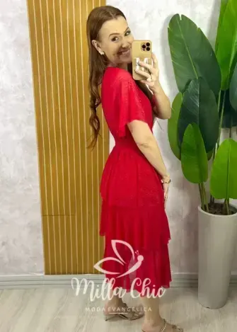 Vestido Longo Magda em Tule com Lurex - Vermelho - Milla Chic