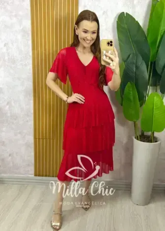 Vestido Longo Magda em Tule com Lurex - Vermelho - Milla Chic