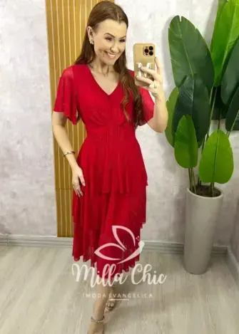 Vestido Longo Magda em Tule com Lurex - Vermelho - Milla Chic