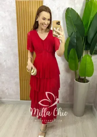 Vestido Longo Magda em Tule com Lurex - Vermelho - Milla Chic