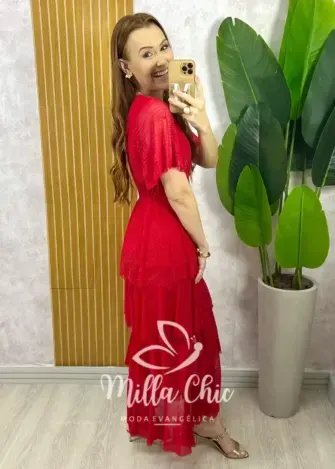 Vestido Longo Magda em Tule com Lurex - Vermelho - Milla Chic