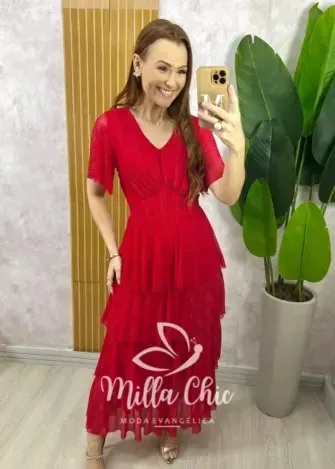 Vestido Longo Magda em Tule com Lurex - Vermelho - Milla Chic
