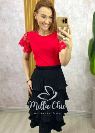 Milla Chic - millachic com br blusa dalila em malha manga em tule vermelha 1 Blusa Dalila Em Malha Manga Em Tule - Vermelha - Milla Chic