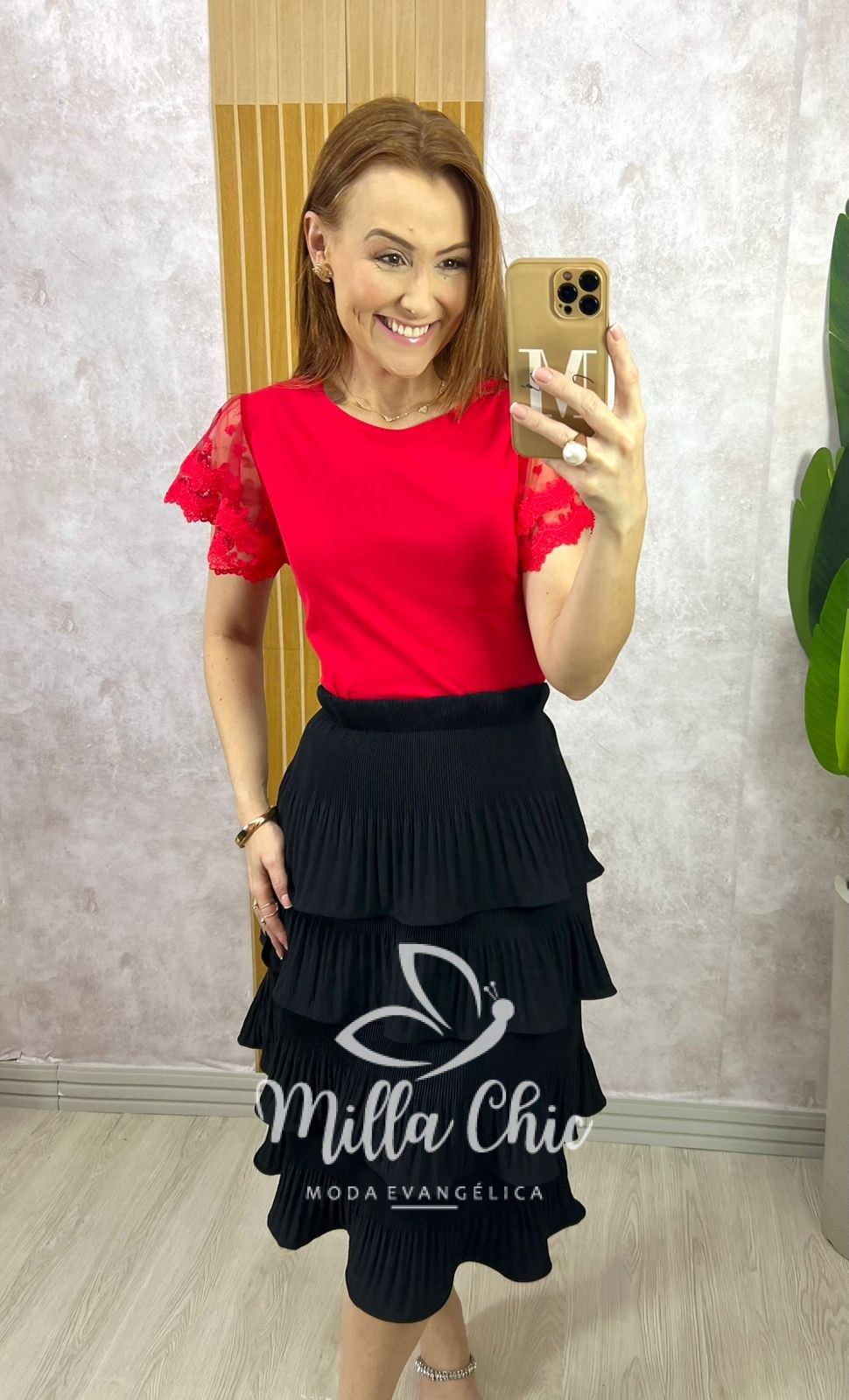 Milla Chic - millachic com br blusa dalila em malha manga em tule vermelha 1 Blusa Dalila Em Malha Manga Em Tule - Vermelha - Milla Chic