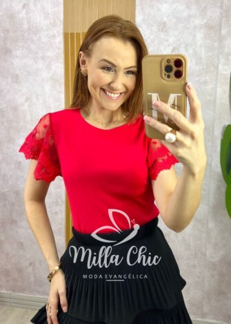 Milla Chic - millachic com br blusa dalila em malha manga em tule vermelha Blusa Dalila Em Malha Manga Em Tule - Vermelha - Milla Chic