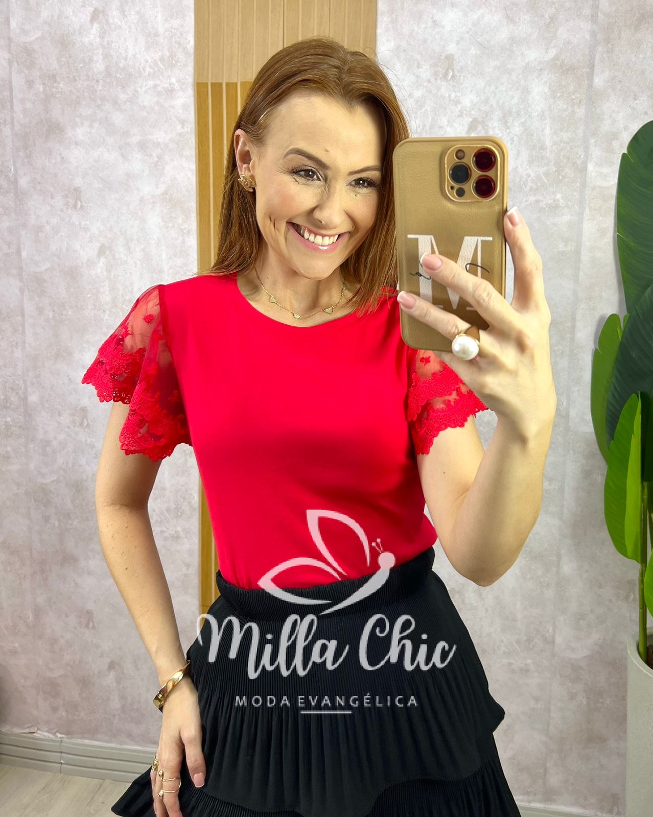 Milla Chic - millachic com br blusa dalila em malha manga em tule vermelha Blusa Dalila Em Malha Manga Em Tule - Vermelha - Milla Chic