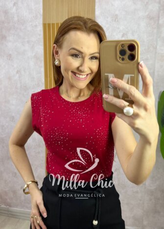 Blusa Pandora Em Malha Com Aplicação - Cereja - Milla Chic