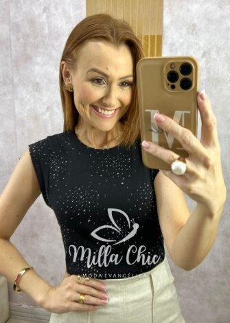 Blusa Pandora Em Malha Com Aplicação - Preta - Milla Chic