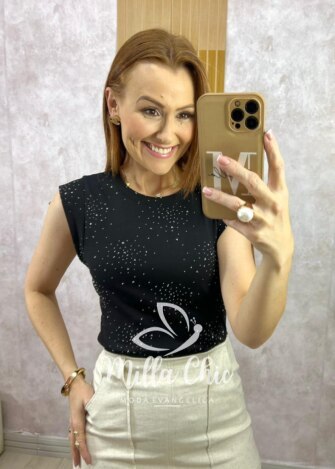 Blusa Pandora Em Malha Com Aplicação - Preta - Milla Chic