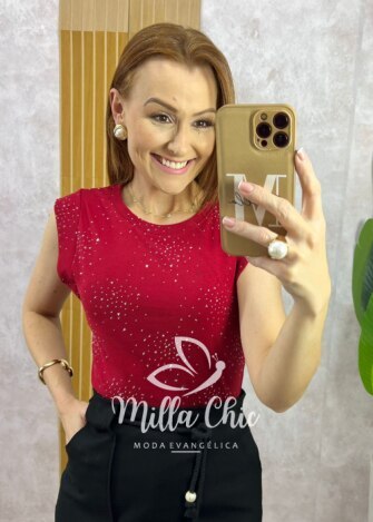 Blusa Pandora Em Malha Com Aplicação - Cereja - Milla Chic