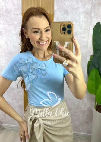 Blusa Sabrina Em Algodão Com Laço - Azul - Milla Chic