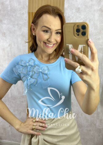 Blusa Sabrina Em Algodão Com Laço - Azul - Milla Chic